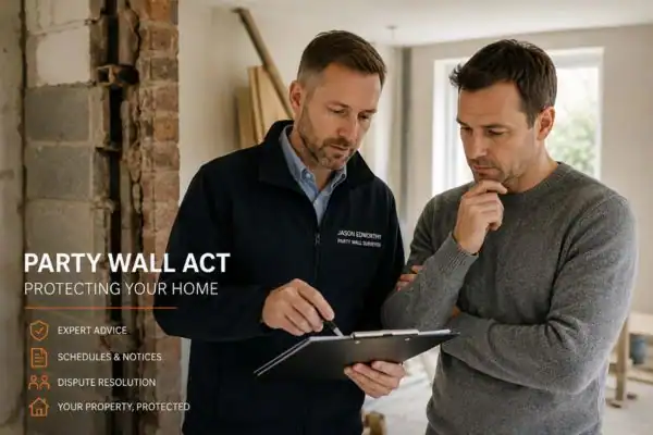 Party wall surveyor Sudbury discussing extension plans with homeowner outside a UK semi-detached house.